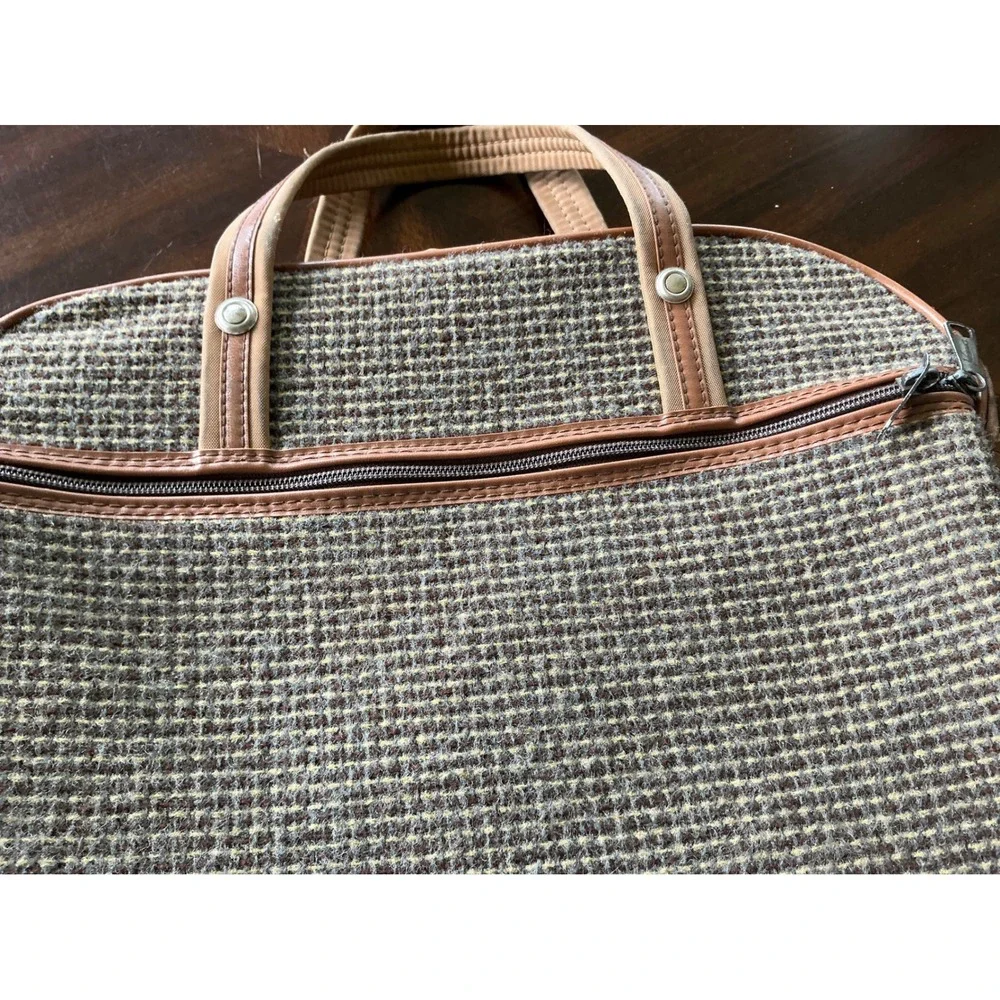 Vintage Travel Bag Tweed Carry On Luggage Brown Tan Weekend Duffel Bag